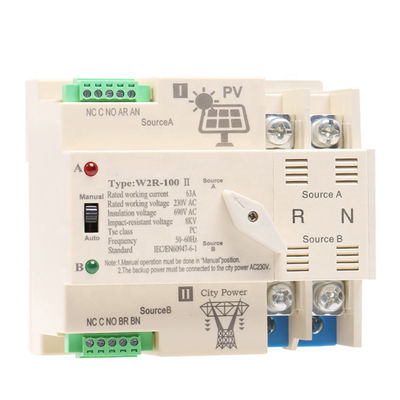 AC220V PV Solar Din Rail 2P 63A ATS مفتاح التحويل التلقائي ثنائي الطاقة